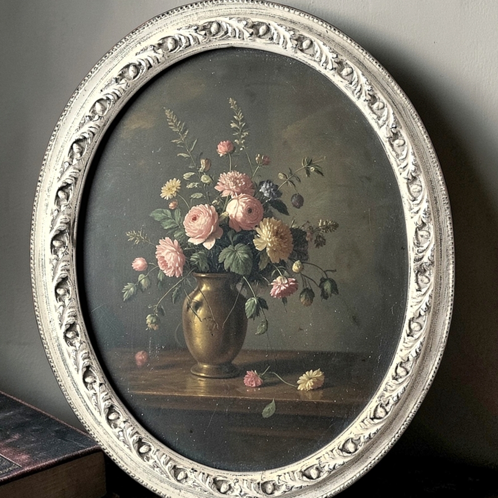 Large Vtg Oval Wall Frame Burwood Acorn Pattern Off-white Ivory Patina 22 X 19"